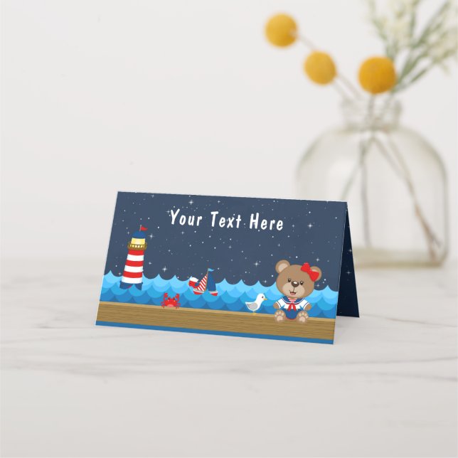 Carte De Placement Nautical Girl Bear Baby shower rouge et marine (Devant)