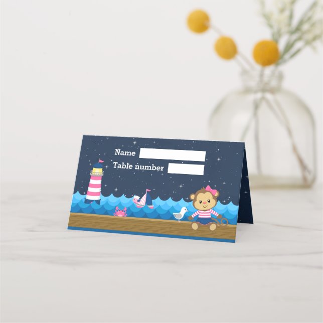 Carte De Placement Nautical Girl Monkey Rose Marine Baby shower Siège (Devant)