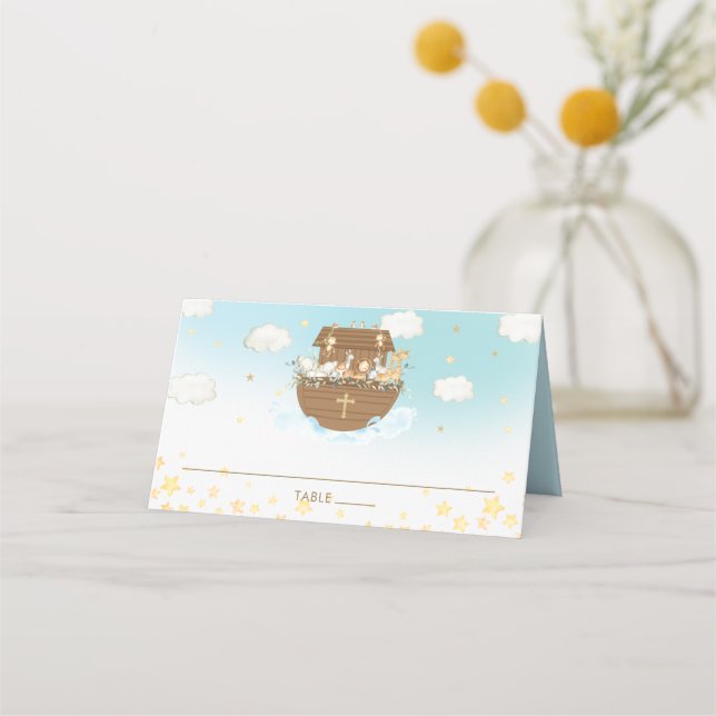 Carte De Placement Noah's Ark Blue Cute Animaux Baptême Nom d'hôte (Devant)