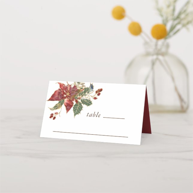 Carte De Placement Noël Floral Rouge Poinsettia Mariage d'hiver (Devant)
