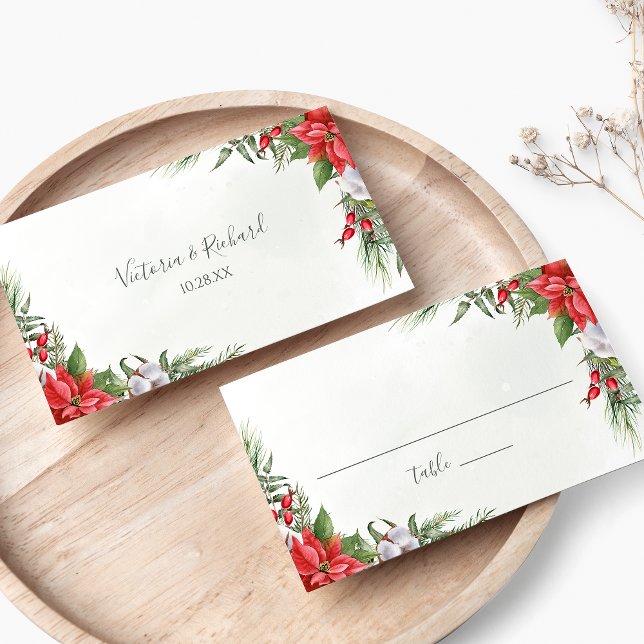 Carte De Placement Noël Poinsettia Mariage de verdure d'hiver (Créateur téléchargé)