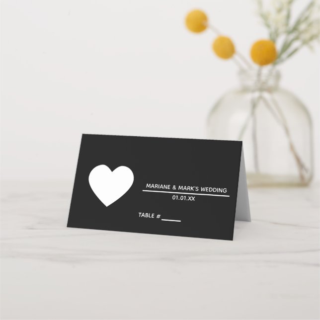 Carte De Placement Noir Blanc Mariage Coeur Numéro de tableau (Devant)