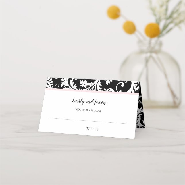 Carte De Placement Noir et blanc Damask Millennial Mariage rose (Dos)