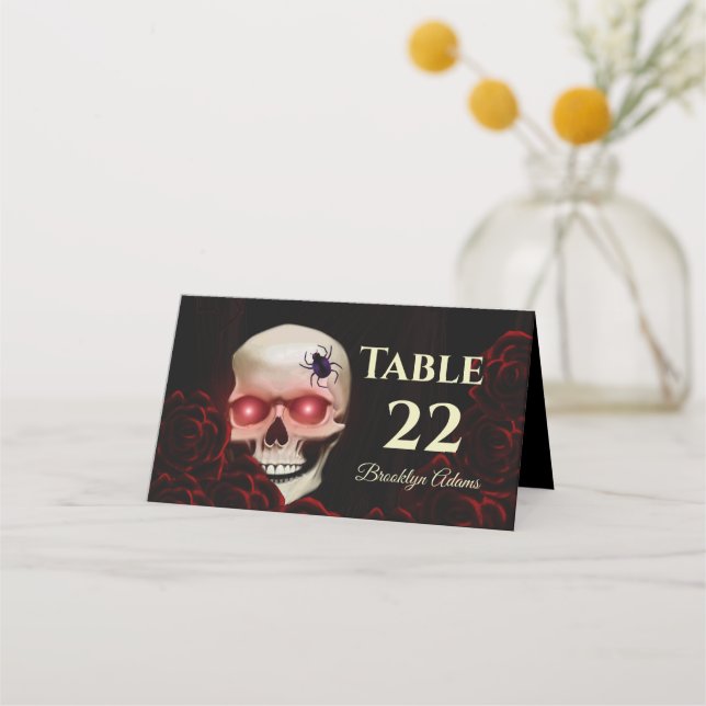 Carte De Placement Noir floral noir moody gothique crâne rouge roses (Devant)
