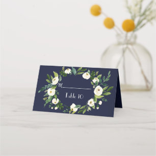 Carte De Placement Numéro de table bleu foncé à motif floral blanc aq