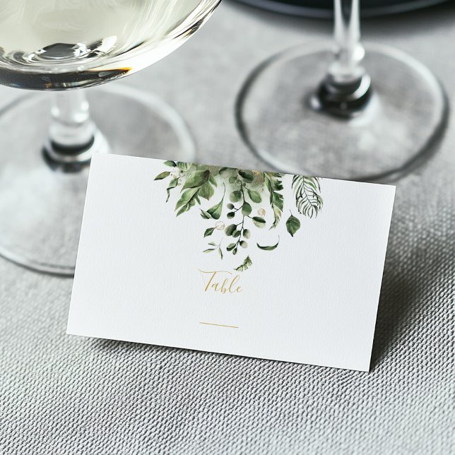Carte De Placement Numéro de table de réception de mariage feuille (Green leafy top frame on a white and gold guest wedding name place card)