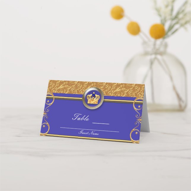 Carte De Placement Numéro de table Gold & Royal Blue Crown Party (Dos)