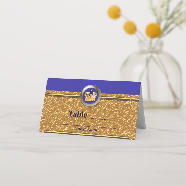 Carte De Placement Numéro de table Gold & Royal Blue Crown Party (Dos)