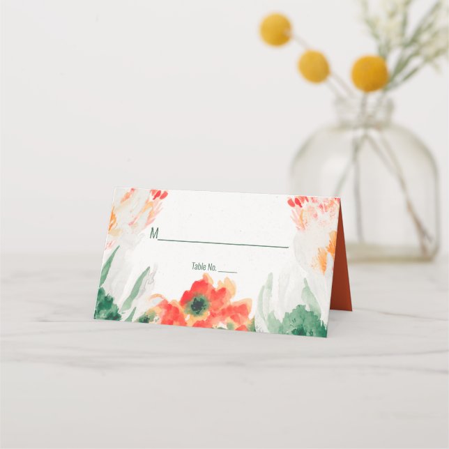 Carte De Placement Orange rustique, Vert, Aquarelle blanche Florale (Devant)