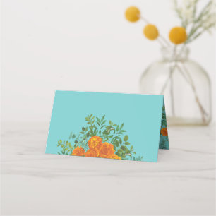 Carte De Placement Orange & Turquoise Aqua Peony & Rose Floral Mariag