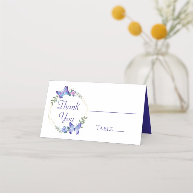 Carte De Placement Papillon Fleurs Bleues Mariage Papillons Fête (Devant)