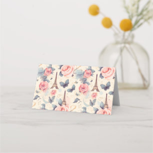 Carte De Placement Papillon Tour Eiffel et Motif Rose