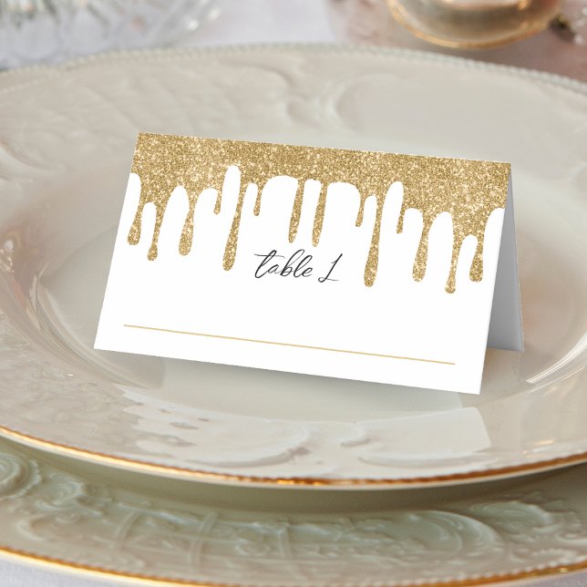 Carte De Placement Parties scintillant blanche et or Réception de mar (White & Gold Glitter Drip Wedding Reception Place Card)