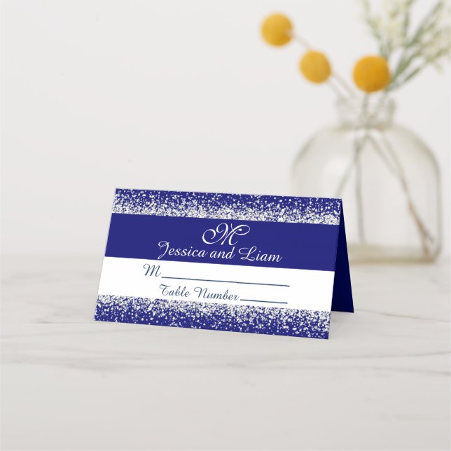 Carte De Placement Parties scintillant d'argent Confetti et Royal Blu (Devant)