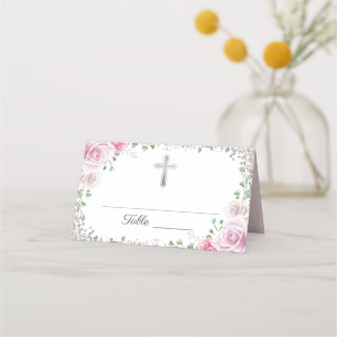 Carte De Placement Parties scintillant d'argent rose Floral Première