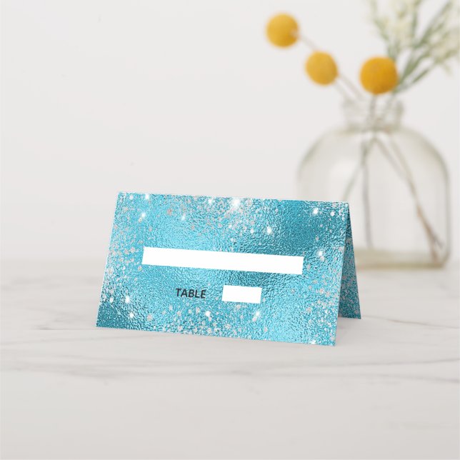 Carte De Placement Parties scintillant en métal bleu de mer (Devant)