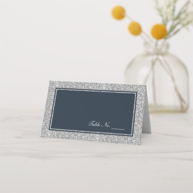 Carte De Placement Parties scintillant marine et argent Personnalisé (Devant)