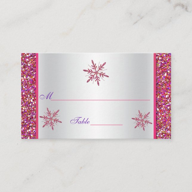 Carte De Placement Parties scintillant rose, argent, flocons de neige (Devant)
