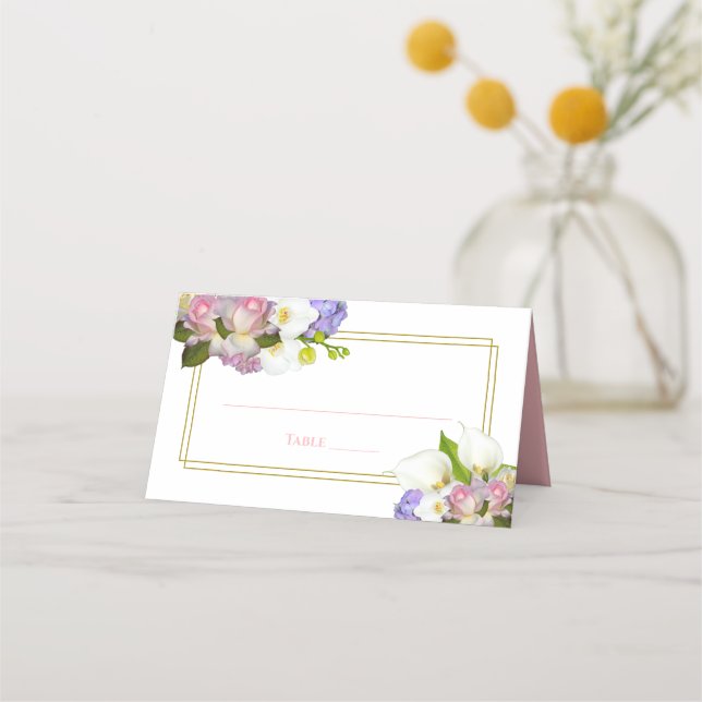 Carte De Placement Pastel Bouquet Printemps Floral Rose & Or Mariage (Devant)