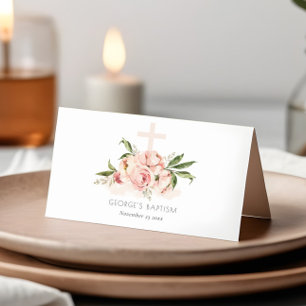 Carte De Placement Pastel Doux Peach Rose Floral Cross Bunch Baptême