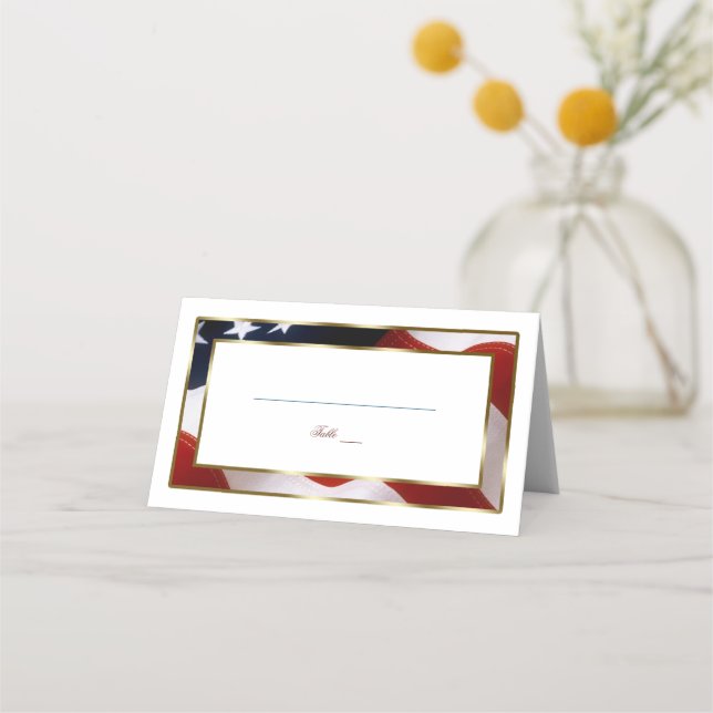 Carte De Placement Patriotique, Elegant USA Drapeau Or Numéro de tabl (Devant)