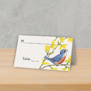 Carte De Placement Petit Oiseau Rouge Bleu sur Branche Fleurs Jaunes