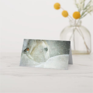 Carte De Placement Photo de White Horse and Bird en hiver