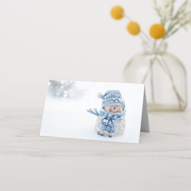 Carte De Placement Photo d'un mignon bonhomme de neige en hiver - Noë (Devant)