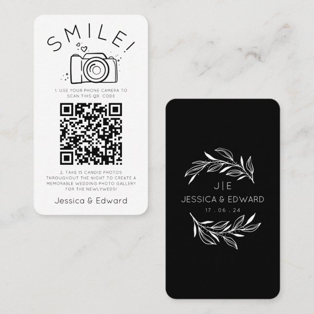 Carte De Placement Photos mémorables Qr Code Black Chic Modern Mariag (Devant / Derrière)