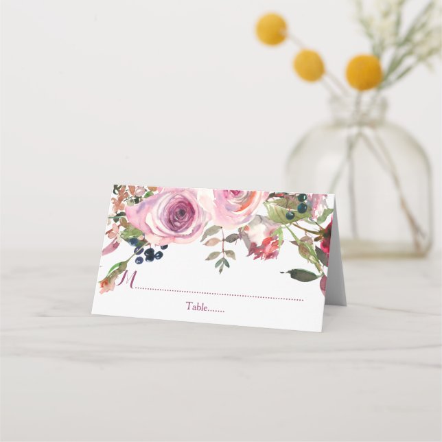 Carte De Placement Pink Chic Rose d'aquarelle rose violet Mariage flo (Devant)