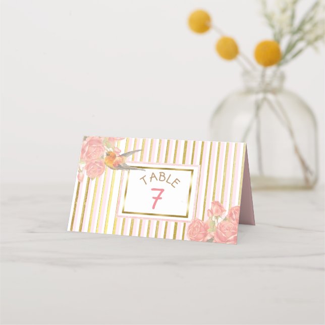 Carte De Placement PInk Floral Gold Bird Mariage Numéro de table (Devant)
