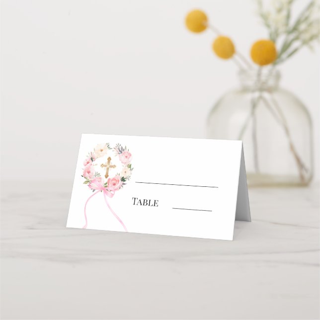 Carte De Placement Pink floral wreath gold cross bow ribbon (Devant)