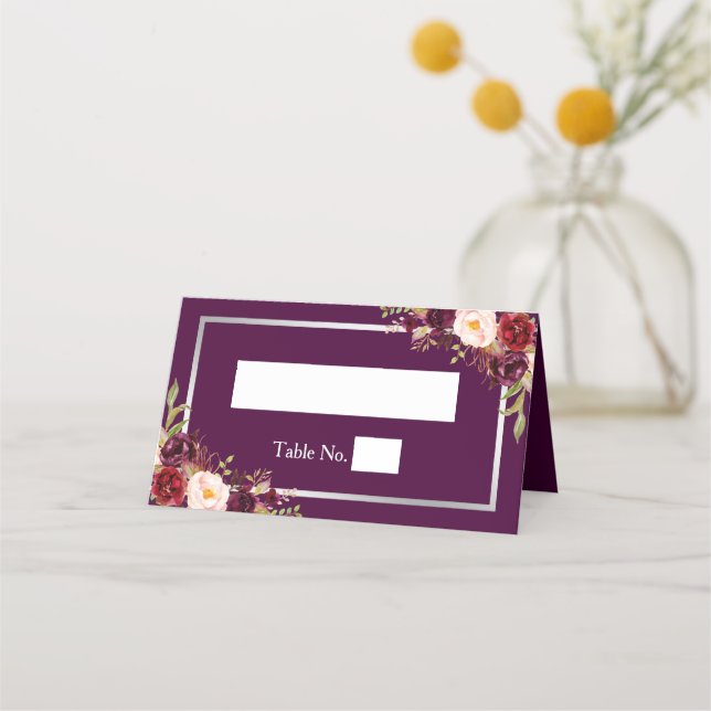 Carte De Placement Plum Violet Floral Argent Gris Mariage (Devant)