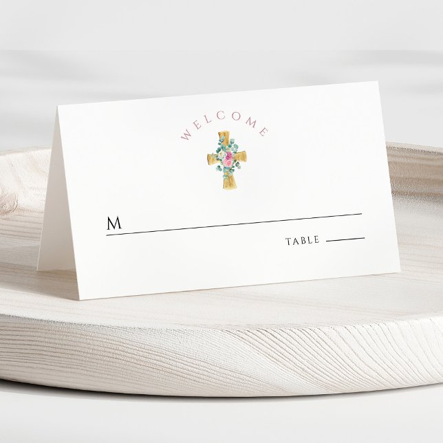 Carte De Placement Première communion rose de la Croix florale (Front - Pink Floral Cross First Communion Place Card)