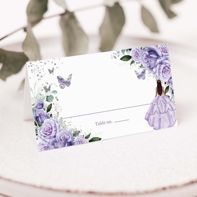 Carte De Placement Princesse Florale violette Silver Quinceañera XV 1 (Créateur téléchargé)