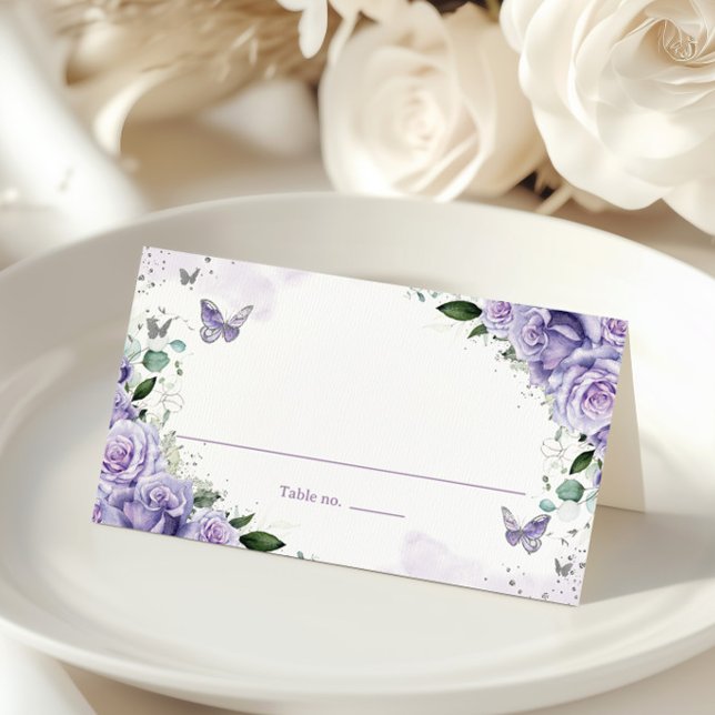 Carte De Placement Purple Floral Butterflies Silver Quinceanera XV 16 (Créateur téléchargé)