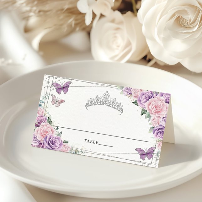 Carte De Placement Quinceañera lilas violets papillons floraux roses (Créateur téléchargé)