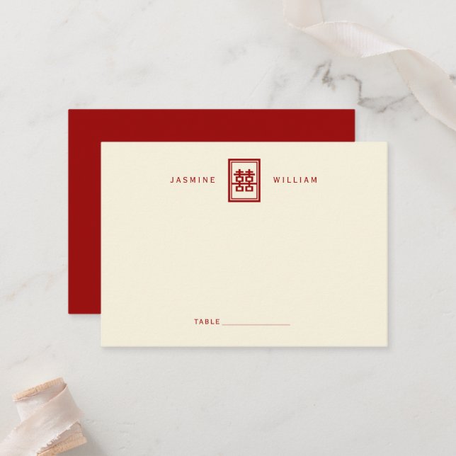 Carte De Placement Rectangle double bonheur Mariage chinois classique (Devant/Arrière en situation)