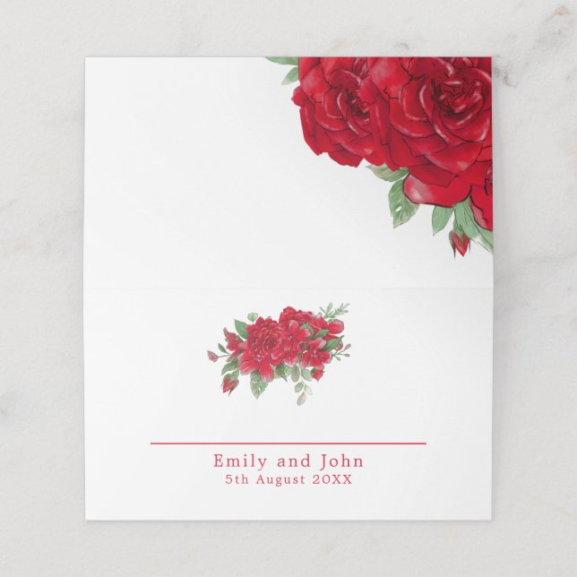 Carte De Placement Rich Red Roses Floral Noms Date Mariage (Extérieur déplié)