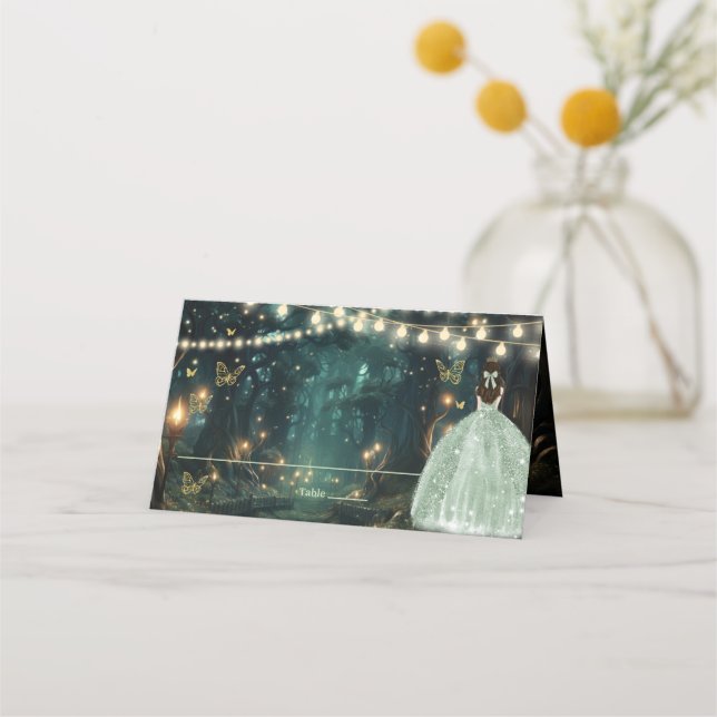 Carte De Placement Robe verte Enchanté Forêt Sage Quinceañera (Devant)