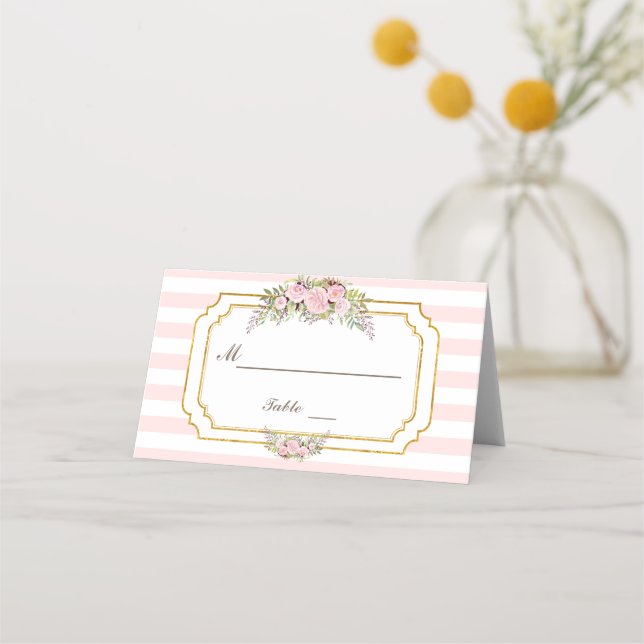 Carte De Placement Romantique Blush Pink Stripes Floral Numéro de tab (Devant)