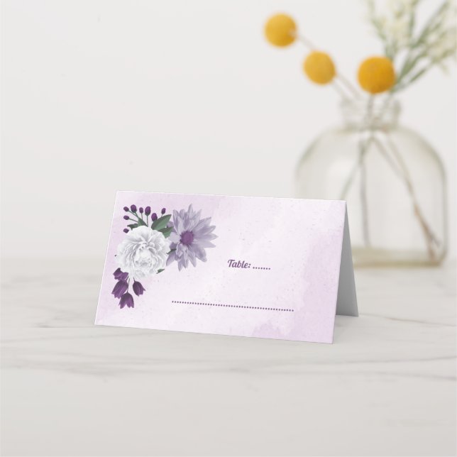 Carte De Placement Romantique violet & blanc fleuri vert (Devant)