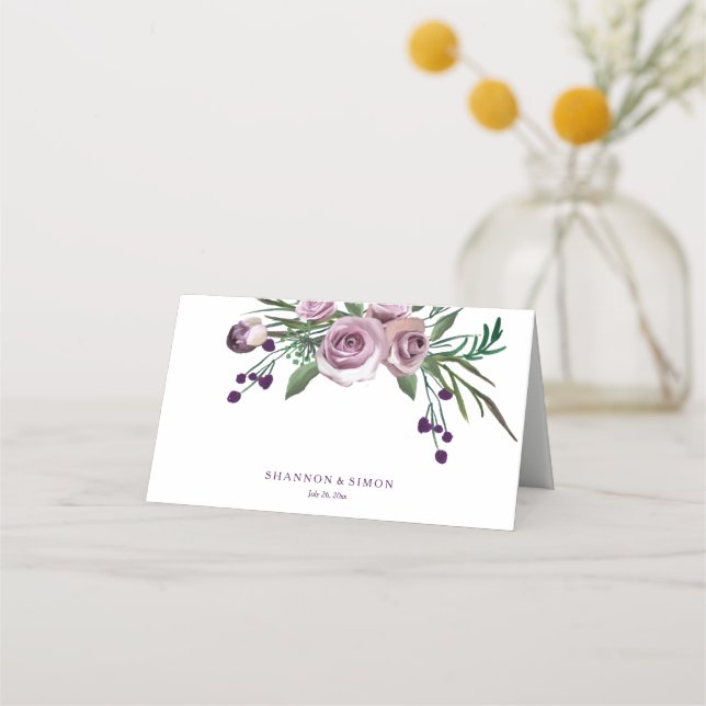 Carte De Placement Romantique violet Mariage Floral Nom de la table P (Devant)