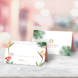 Carte De Placement Rose Gold Bat Mitzvah Floral Tropical Aquarelle
