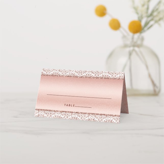 Carte De Placement Rose or métal Damas Monogramme Glam Mariage (Devant)