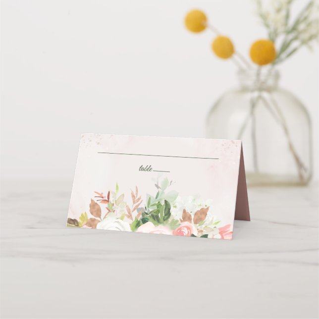 Carte De Placement Rose Pâle et Fleurs Aquarelles Dorées (Devant)