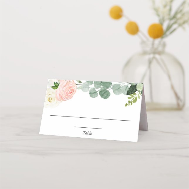 Carte De Placement Rose poudré blanc floral verdure élégant (Devant)