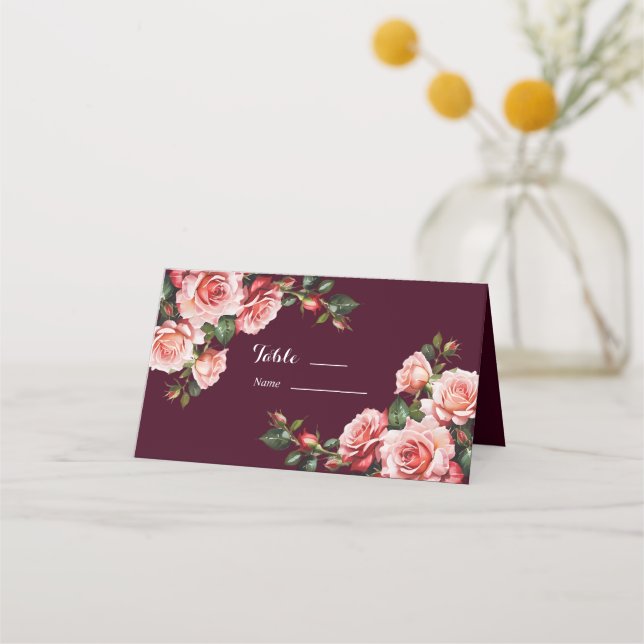 Carte De Placement Rose sombre et rouge roses mariage bordeaux (Devant)