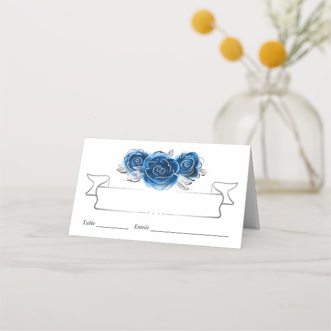 Carte De Placement Roses Argent et Bleu Royal Élégant Table Pliante (Devant)
