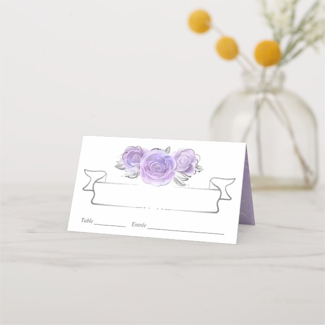 Carte De Placement Roses argent et lilas élégantes (Devant)